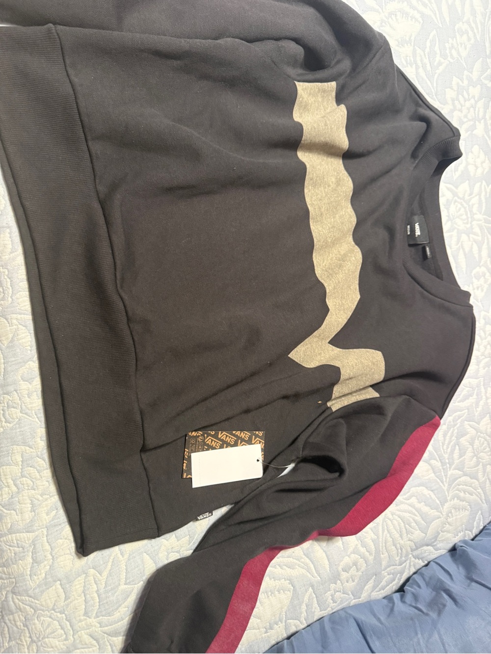 Vans Black Crewneck Sweatshirt with Maroon Sleeve Stripe